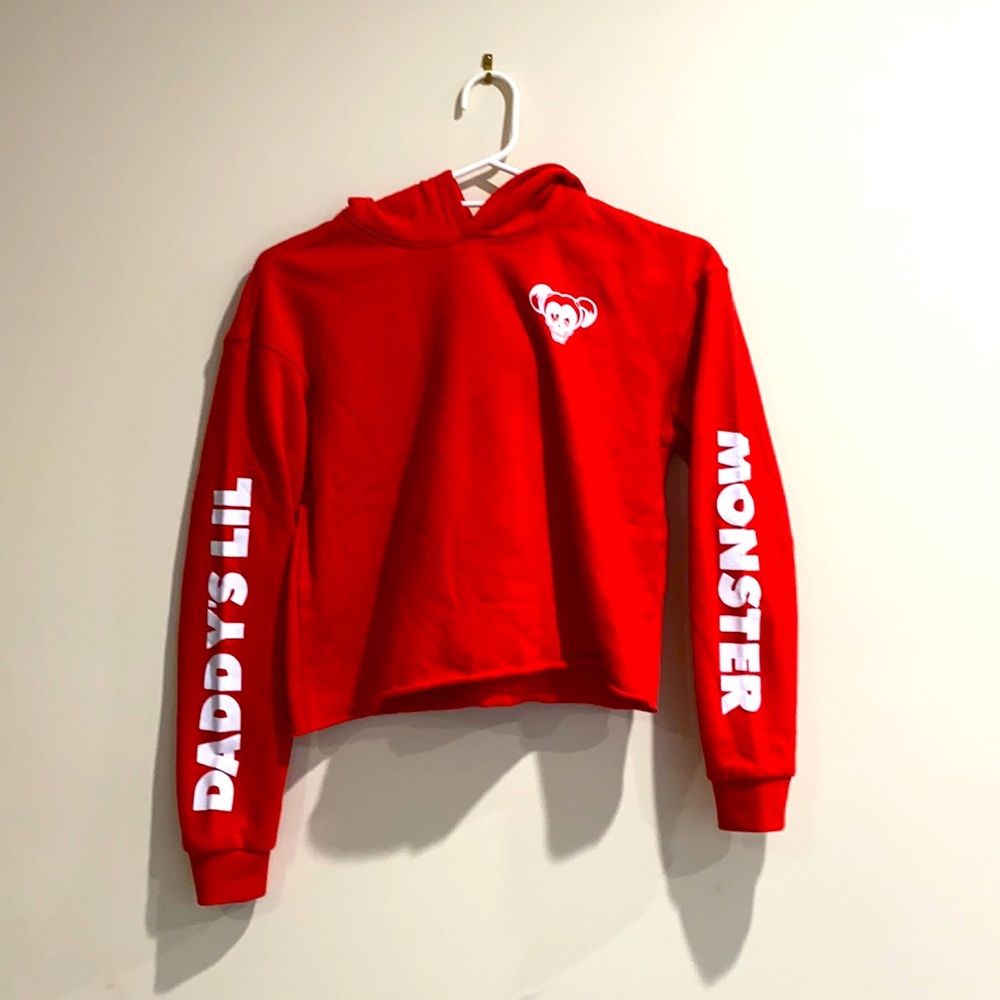 Red crop jumper with white writing